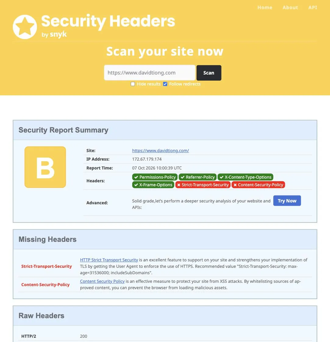 securityheaders.com report for www.davidtiong.com showing grade B, with Strict-Transport-Security and Content-Security-Policy listed as missing