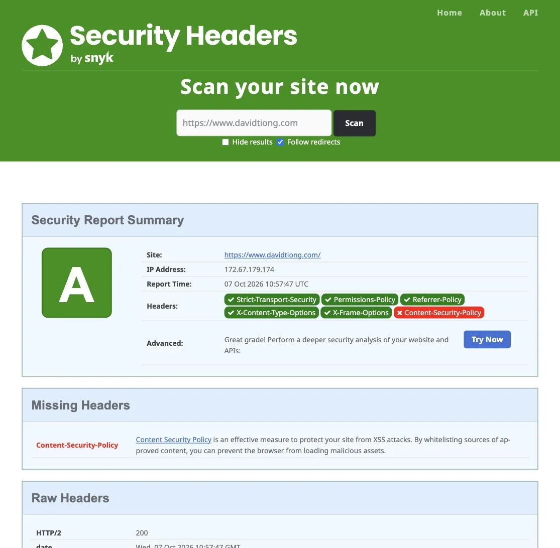 securityheaders.com report still showing grade A, with Content-Security-Policy still listed as missing