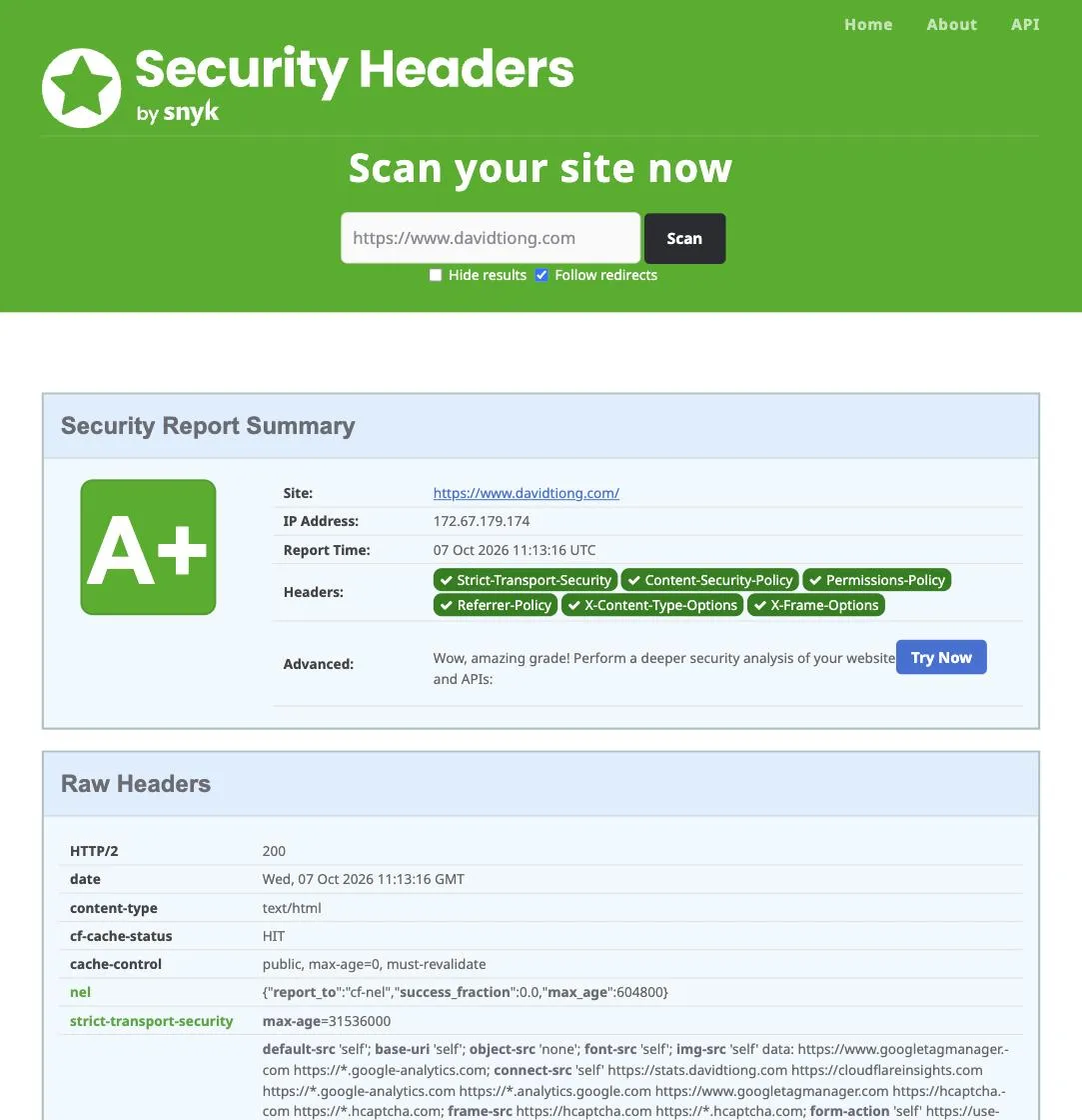 securityheaders.com report showing grade A+, all six headers present