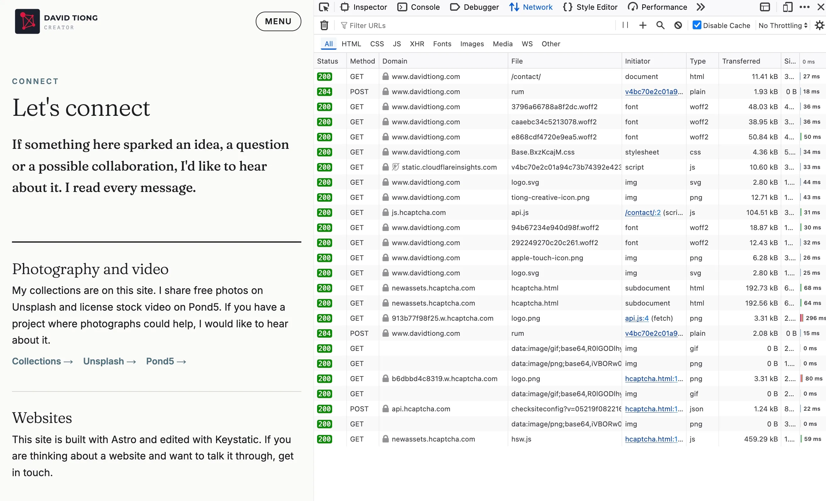 Firefox’s Network tab beside the Connect page of this site, listing each request with its domain: most rows are www.davidtiong.com, with static.cloudflareinsights.com, js.hcaptcha.com, newassets.hcaptcha.com and api.hcaptcha.com among them