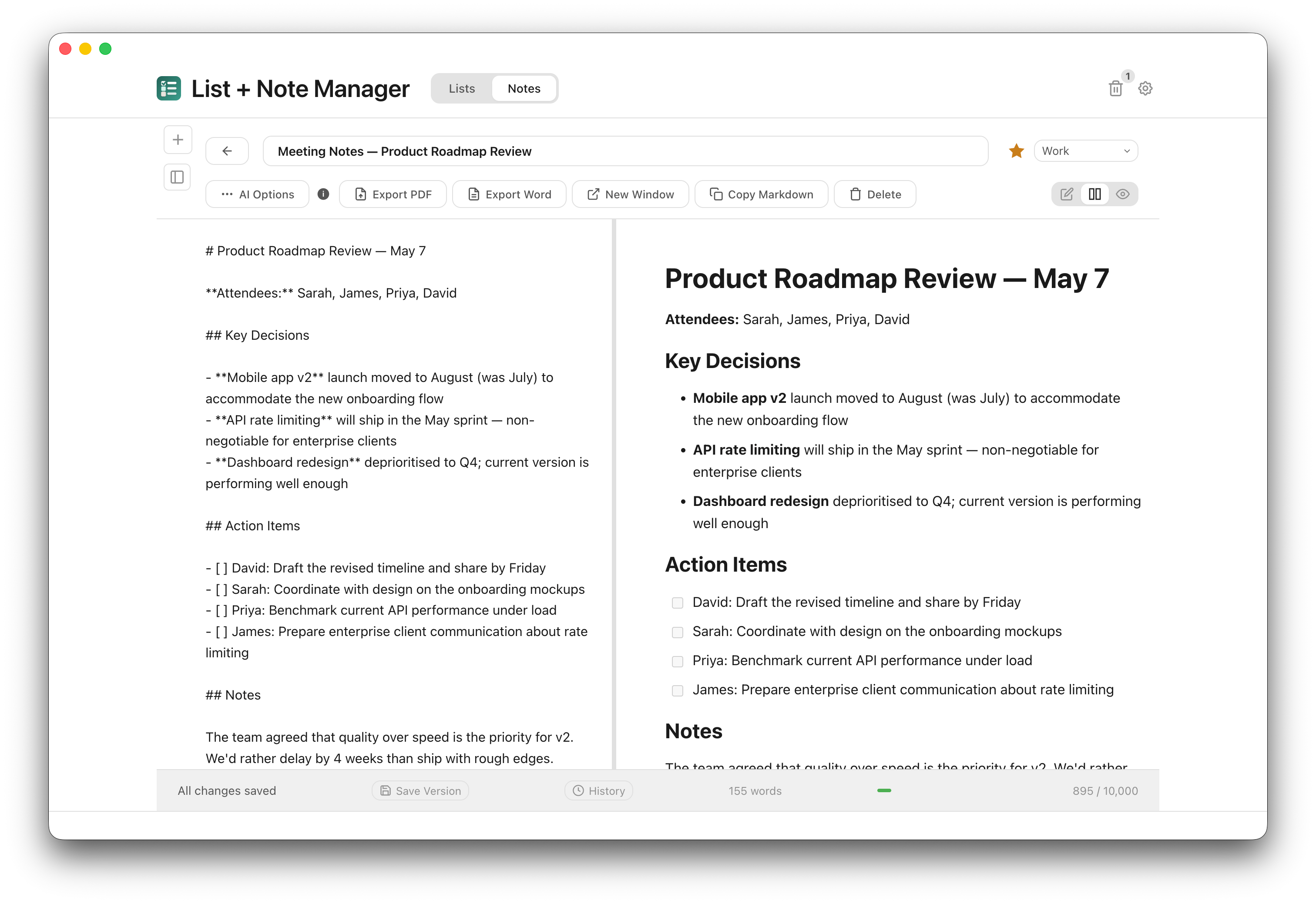 Markdown editor with side-by-side live preview showing formatted headings, lists, and action items