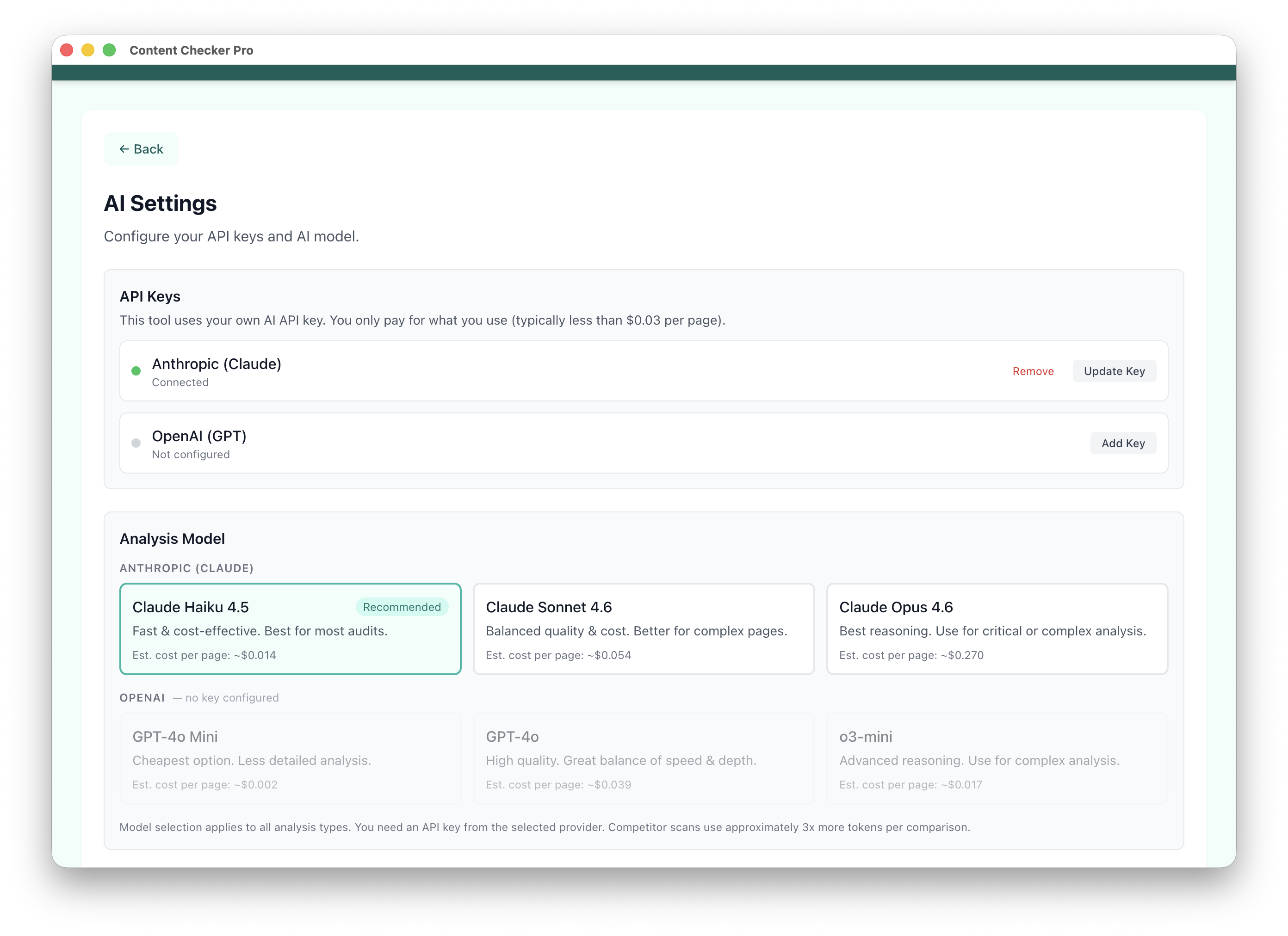 AI model selection with cost estimates for Claude and GPT