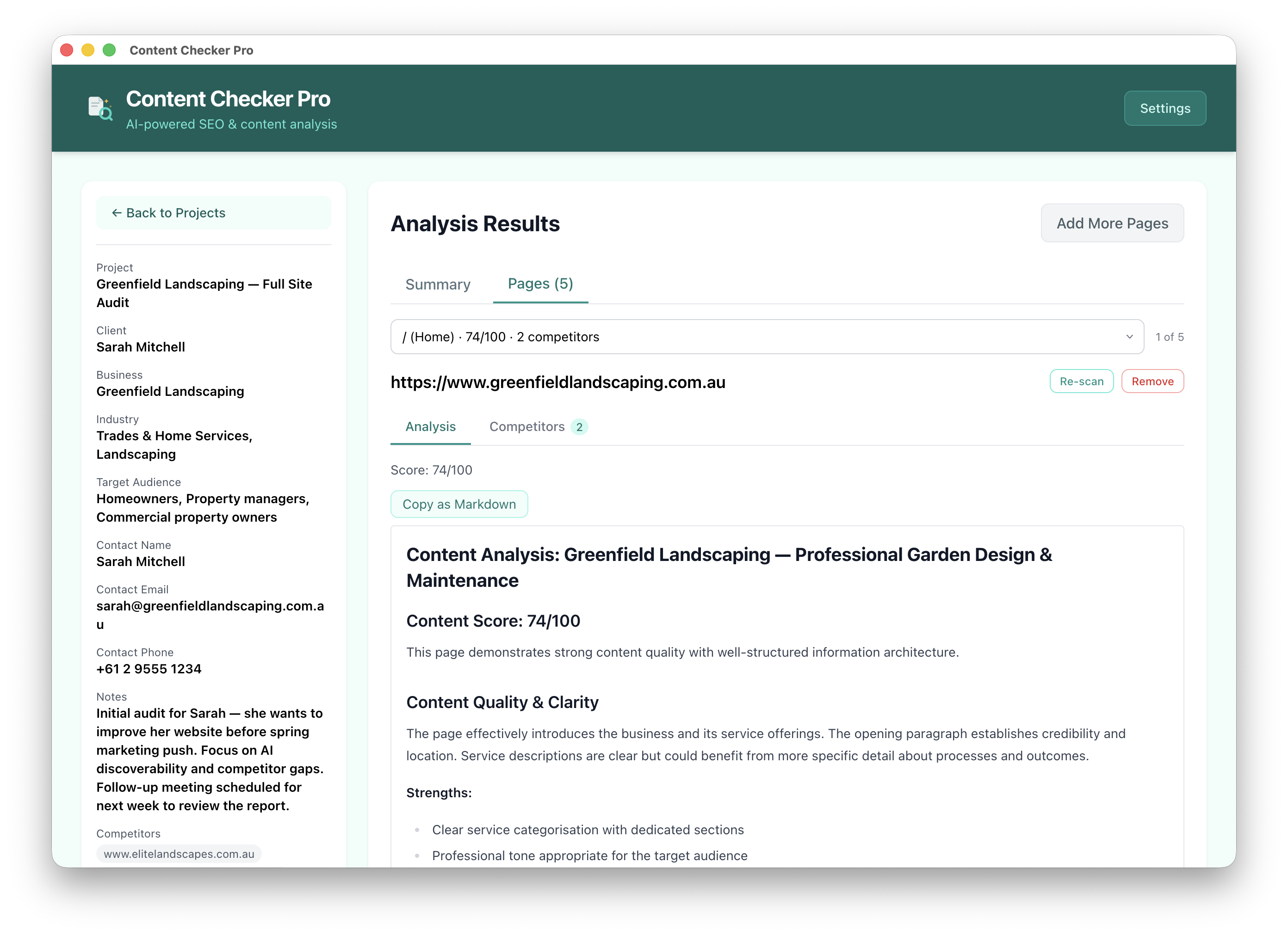 AI-powered page analysis showing Content Score and detailed recommendations
