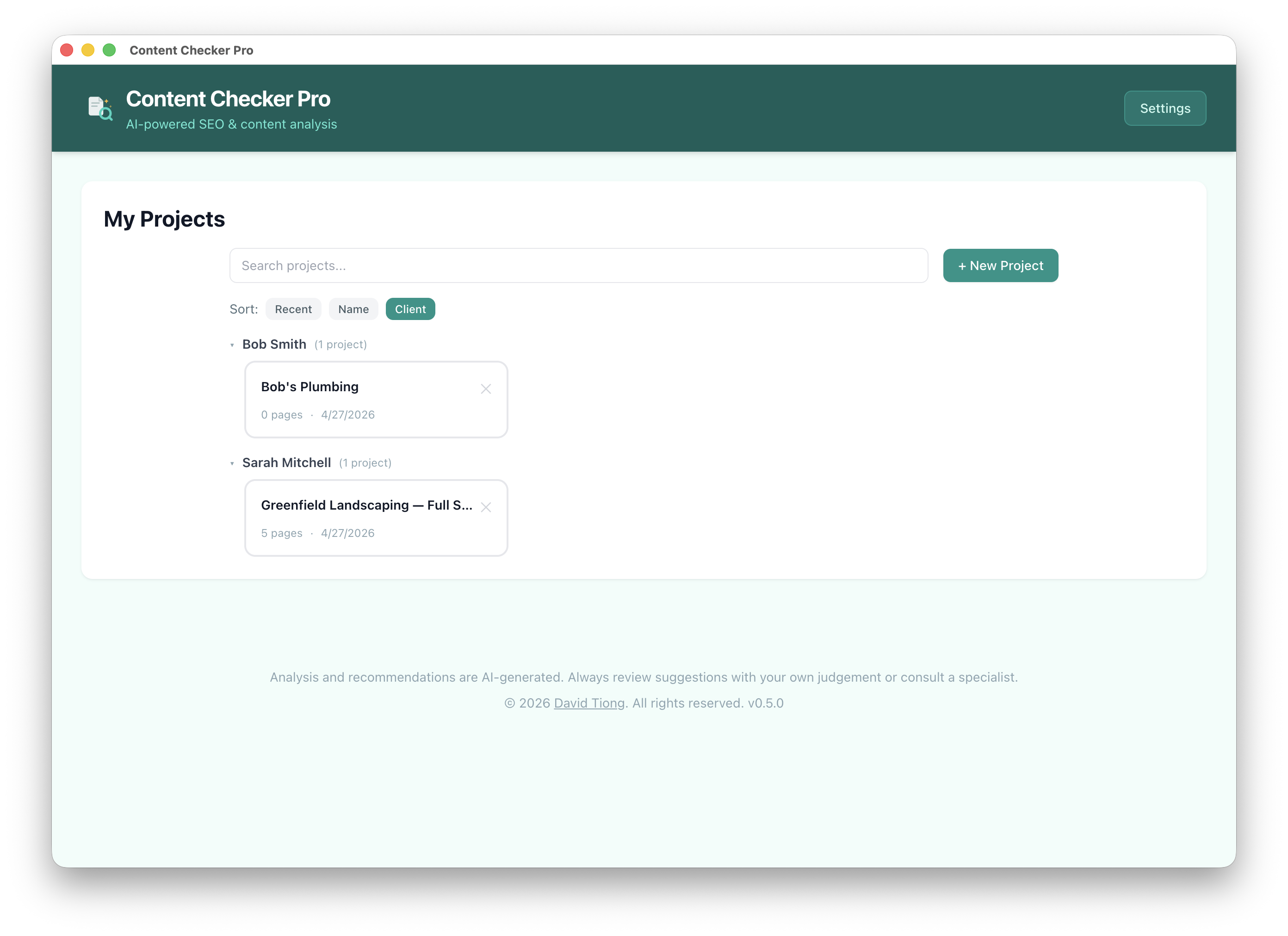 Multi-project dashboard with client grouping and search