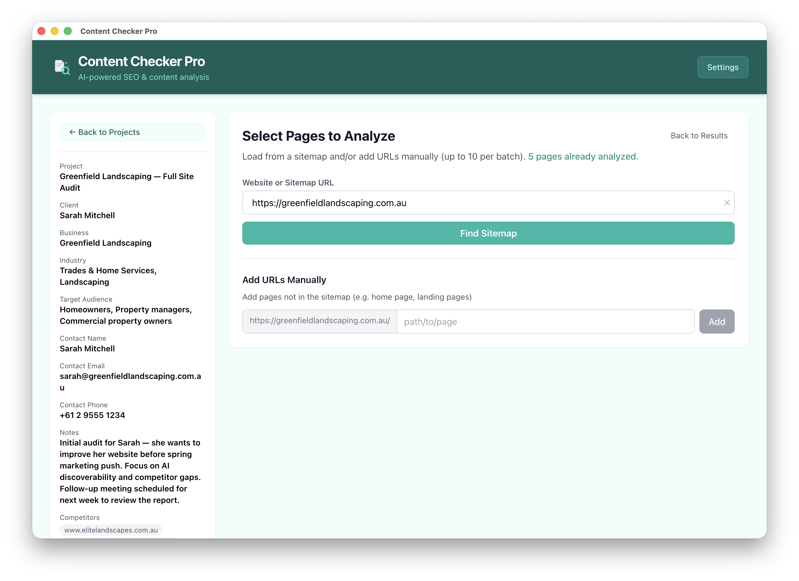 Sitemap detection and URL selection for batch analysis
