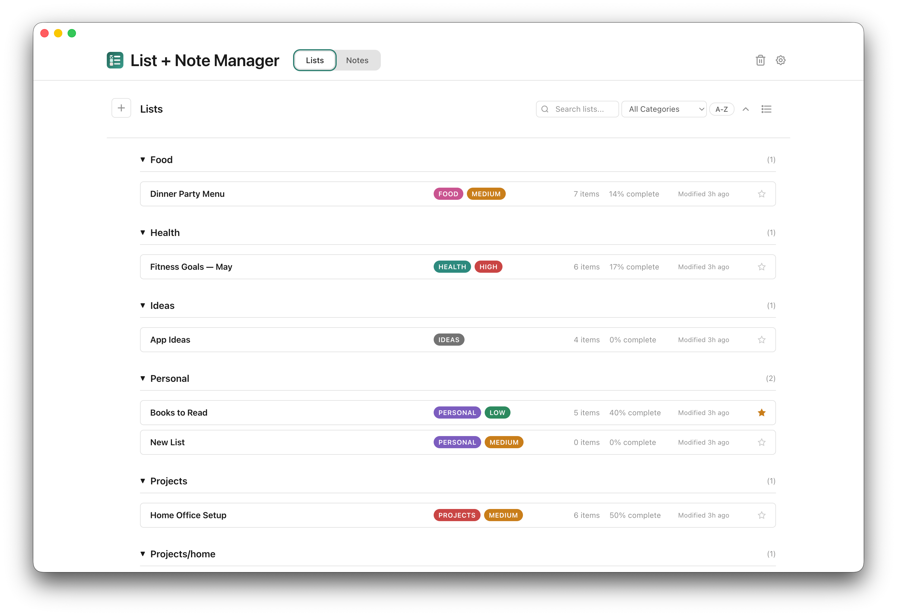 Lists & Notes — lists view with categories, tags, and progress tracking
